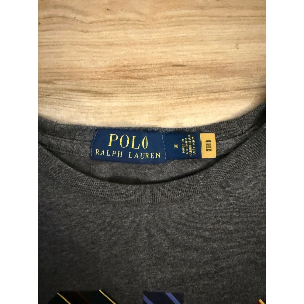 Polo‎ Ralph Lauren Mens T-Shirt Grey Regimental Stripe Logo Graphic Size M